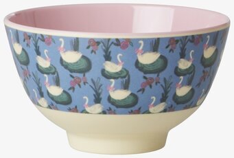 Bild av färgglad skål med svanmotiv och rosa insida