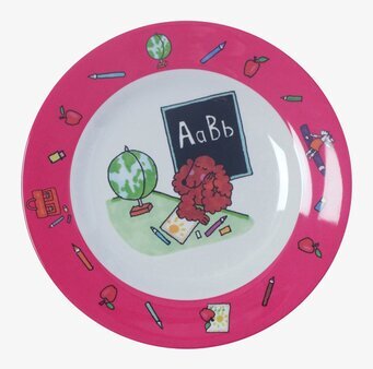 Bild av färgglad tallrik med lekfullt skoldesignmotiv