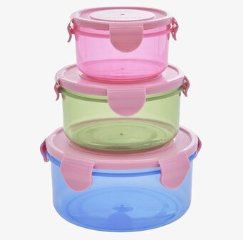 Bild av färgglada stapelbara plastburkar med lock