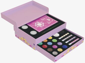 Bild av färgglatt ansiktsfärgset med stenciler och glitter