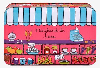 Bild av nostalgisk marknadsscen på färgglad plåtburk