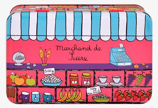 Bild av nostalgisk marknadsscen på färgglad plåtburk