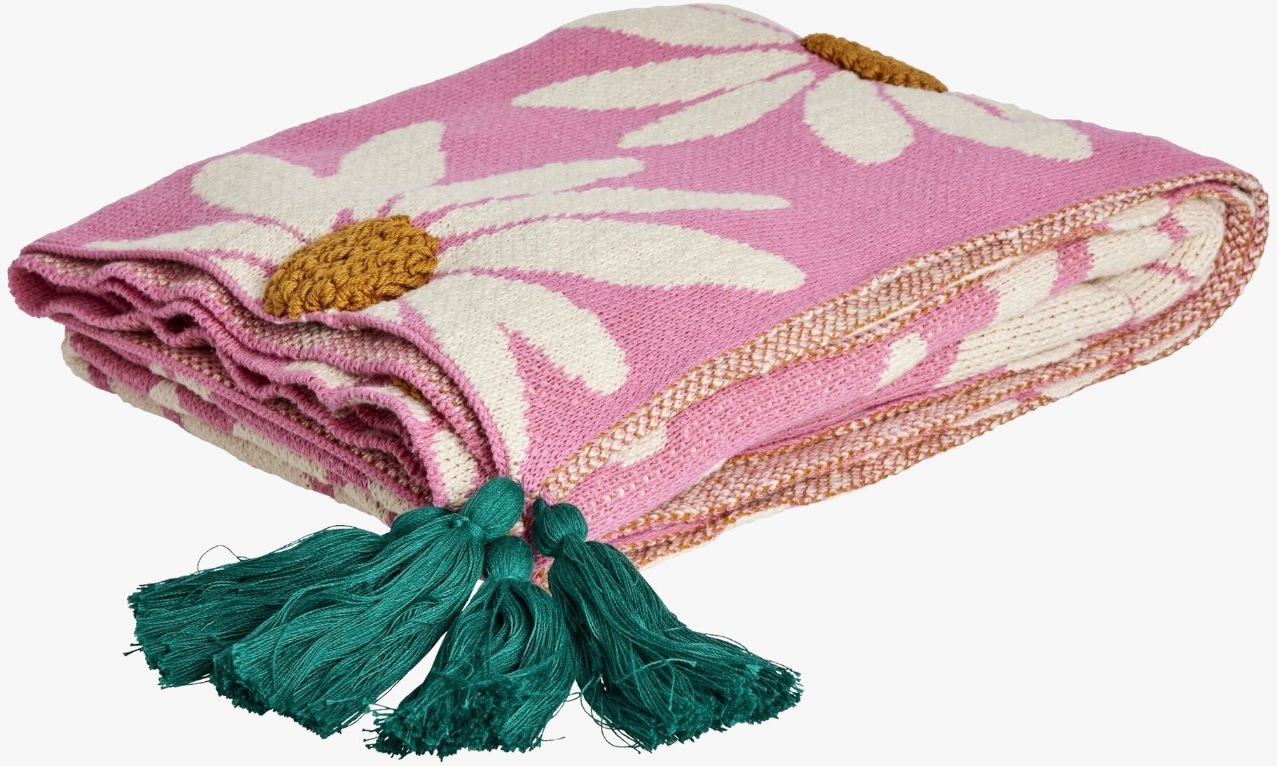 Bomullsfilt Rosa från Rice med blommönster och gröna tofsar