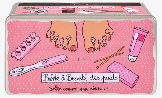 Bild av lekfull rosa plåtburk för pedikyrförvaring