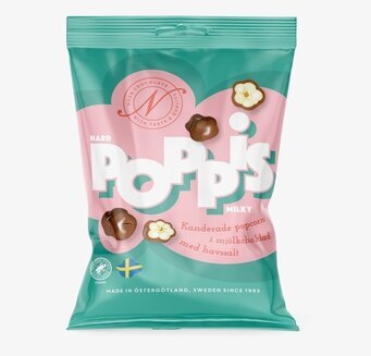 Bild av färgglad förpackning med chokladpopcorn