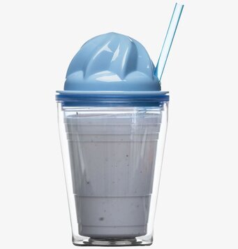Bild av stilren milkshakebägare med blå detaljer