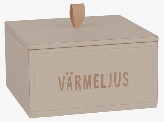 Trälåda Värmeljus Sand från Different Design med läderhandtag