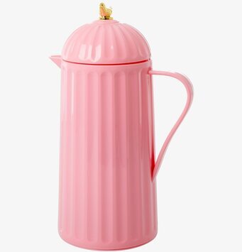 Foto av rosa termos med guldfågel och räfflad yta