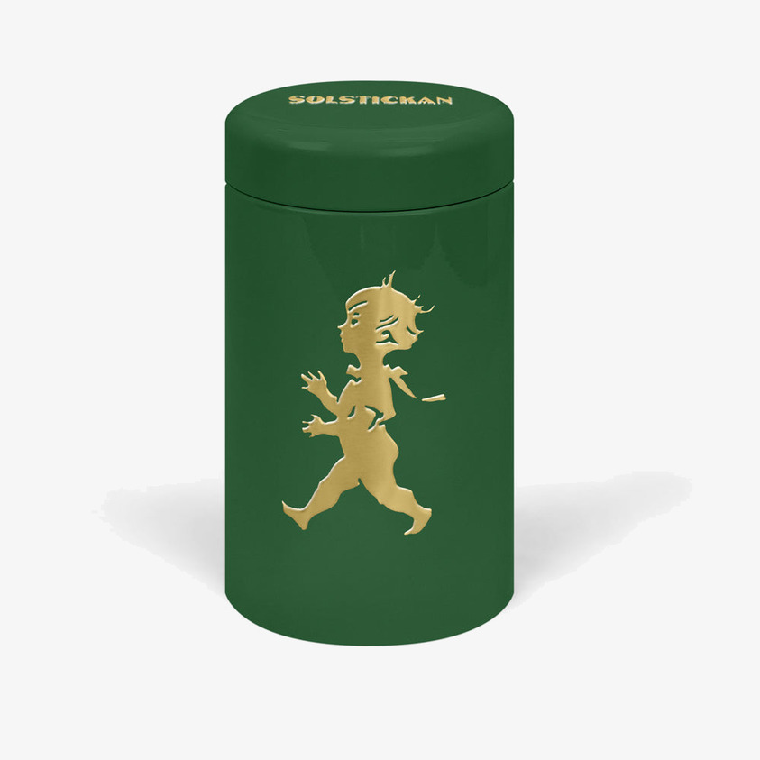 Tändsticksrör Grön/Guld från Solstickan på vit bakgrund