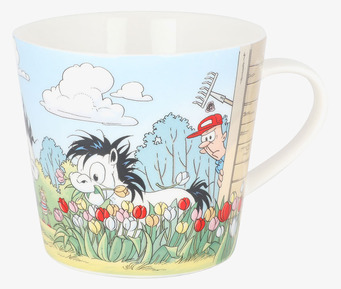 Bild av mugg med Hästen Mulle och färgglada tulpaner