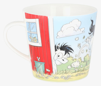 Bild av mugg med hästmotiv och somrig naturdesign