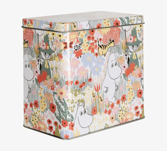 Bild av färgglad plåtburk med Mumintema och blommor