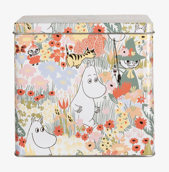 Bild av färgglad plåtburk med Mumin-motiv