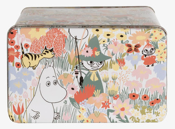 Foto av färgglad plåtburk med Muminkaraktärer