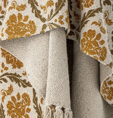 Bild av pläd med stiliserade blommor och fransar