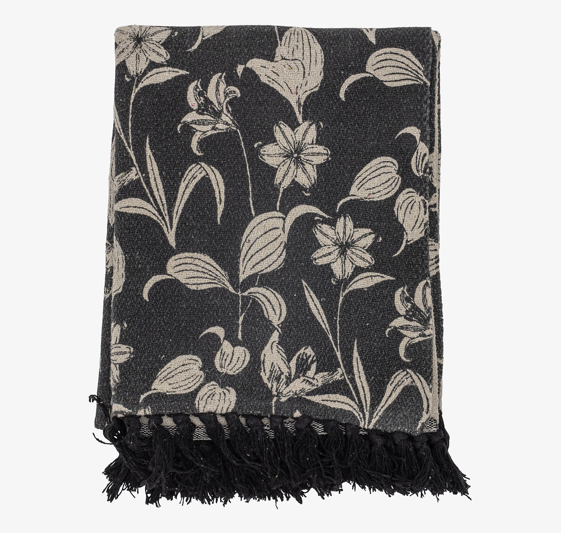 Pläd Mali Svart/Natur från Bloomingville med botaniskt mönster