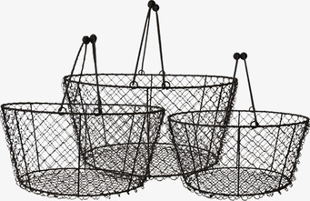 Foto av tre runda nätkorgar med handtag i metall