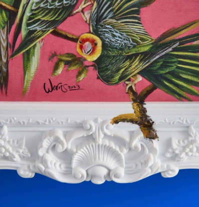 Bild av fåglar på rosa bakgrund med dekorativ ram