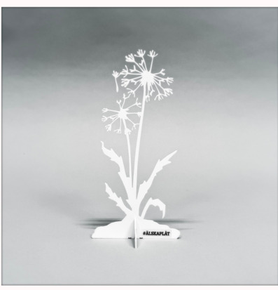 Bild av stilren maskros i vit plåt på grå bakgrund