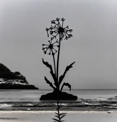Bild av maskros i metall med strandbakgrund