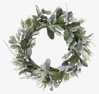 Bild av elegant krans med gröna blad och vita bär