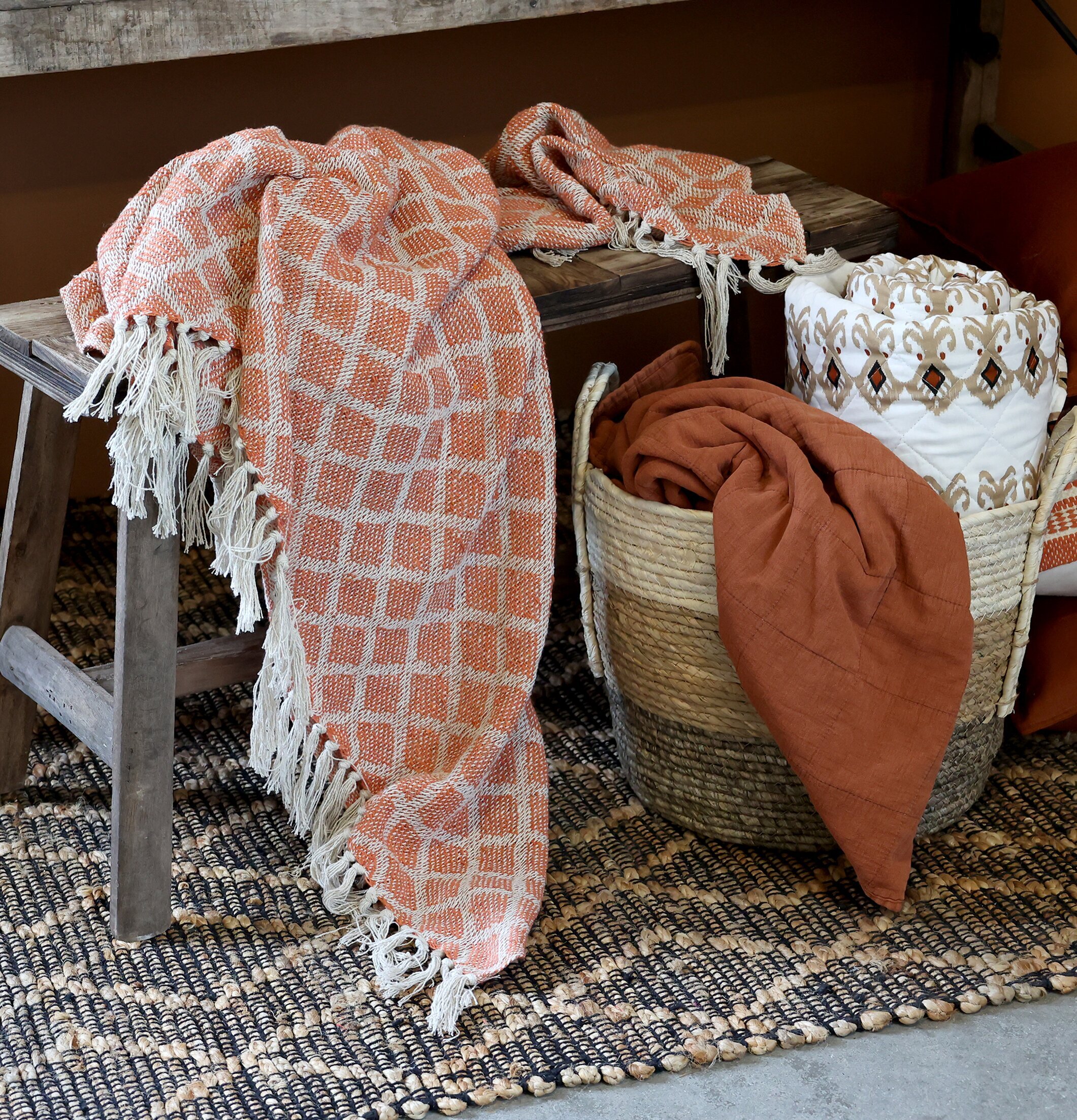 Bild av harmonisk inredning med terrakotta pläd