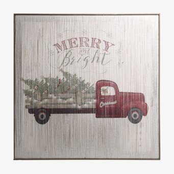 Bild av nostalgisk julscen med röd lastbil och granar