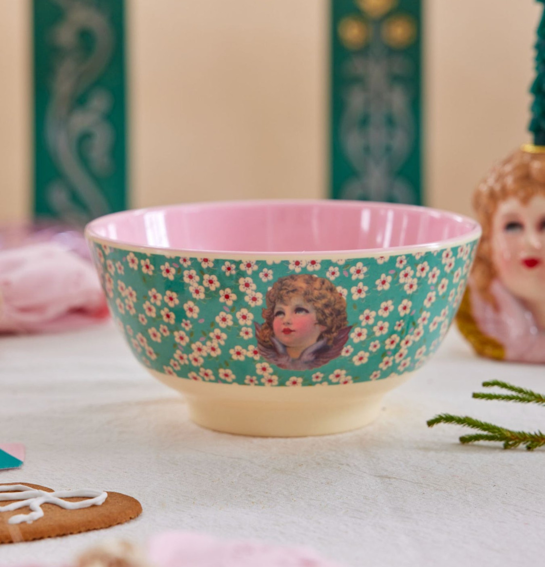 Skål Grön Angel Print från Rice med blommor och änglar