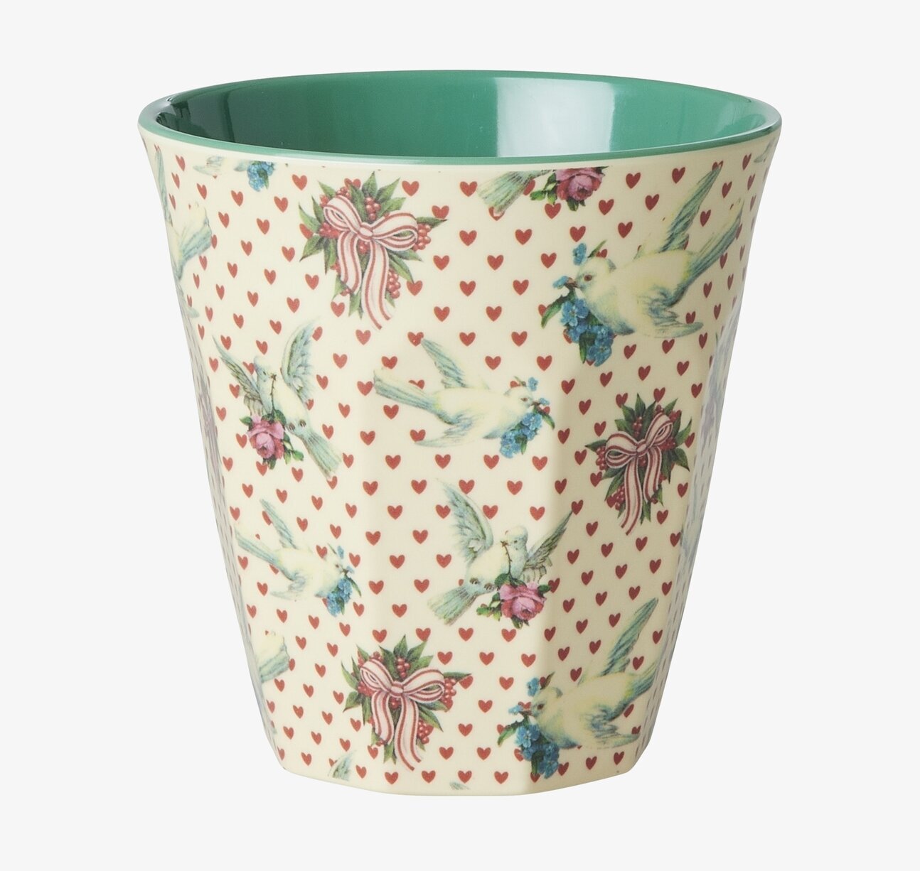 Bild av mugg med hjärtan, duvor och blommor