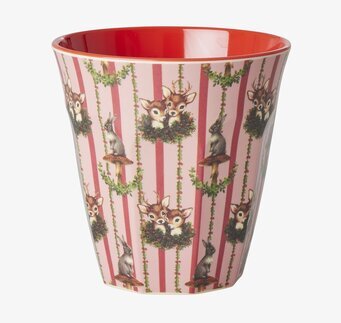 Bild av melaminmugg med djurmotiv och rosa ränder