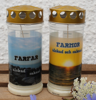 Bild av minnesljus för farföräldrar med inskriptioner