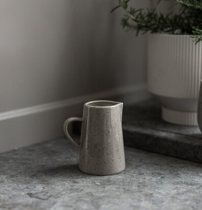 Bild av stilren uppställning med kanna och växtlighet