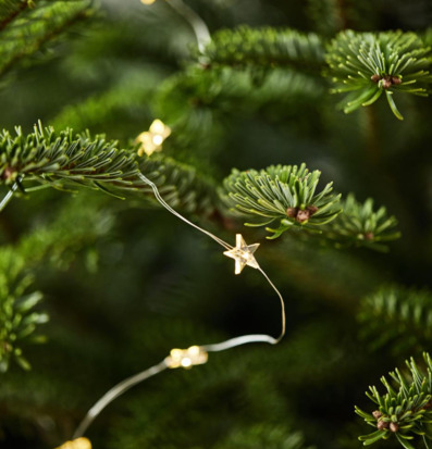 Bild av julgran med stjärnformade ljus i vintermiljö