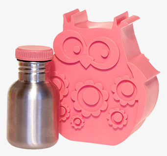 Bild av stålflaska och uggleformad matlåda i rosa