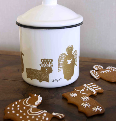 Bild av charmig emaljburk med gyllene illustrationer