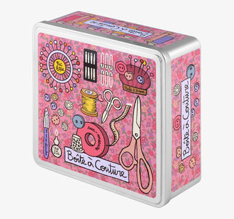 Bild av färgglad plåtburk för sybehör och dekoration