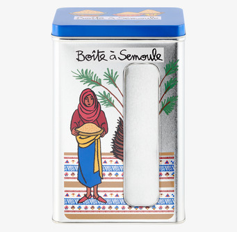 Bild på färgglad plåtburk för mannagrynsförvaring