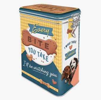 Bild av retro plåtburk för hundgodis i färggrann stil