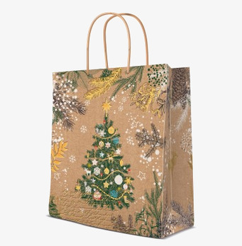Bild av rustik presentpåse med julgran och snöflingor
