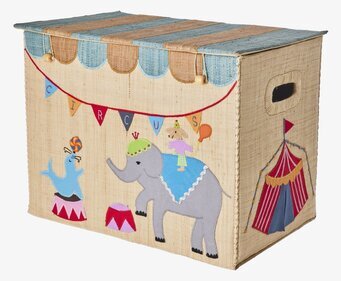 Bild av stor, färgglad cirkuskorg med elefantmotiv