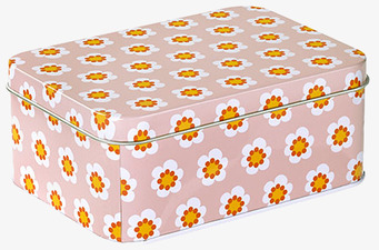 Bild av rektangulär plåtburk med blommönster i rosa
