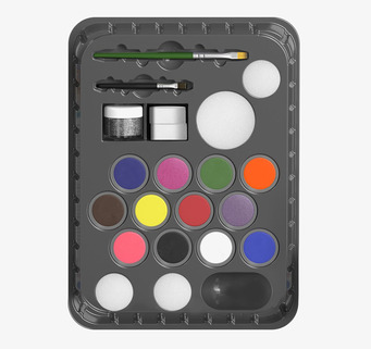 Bild av färgrik ansiktsfärg med verktyg och glitter