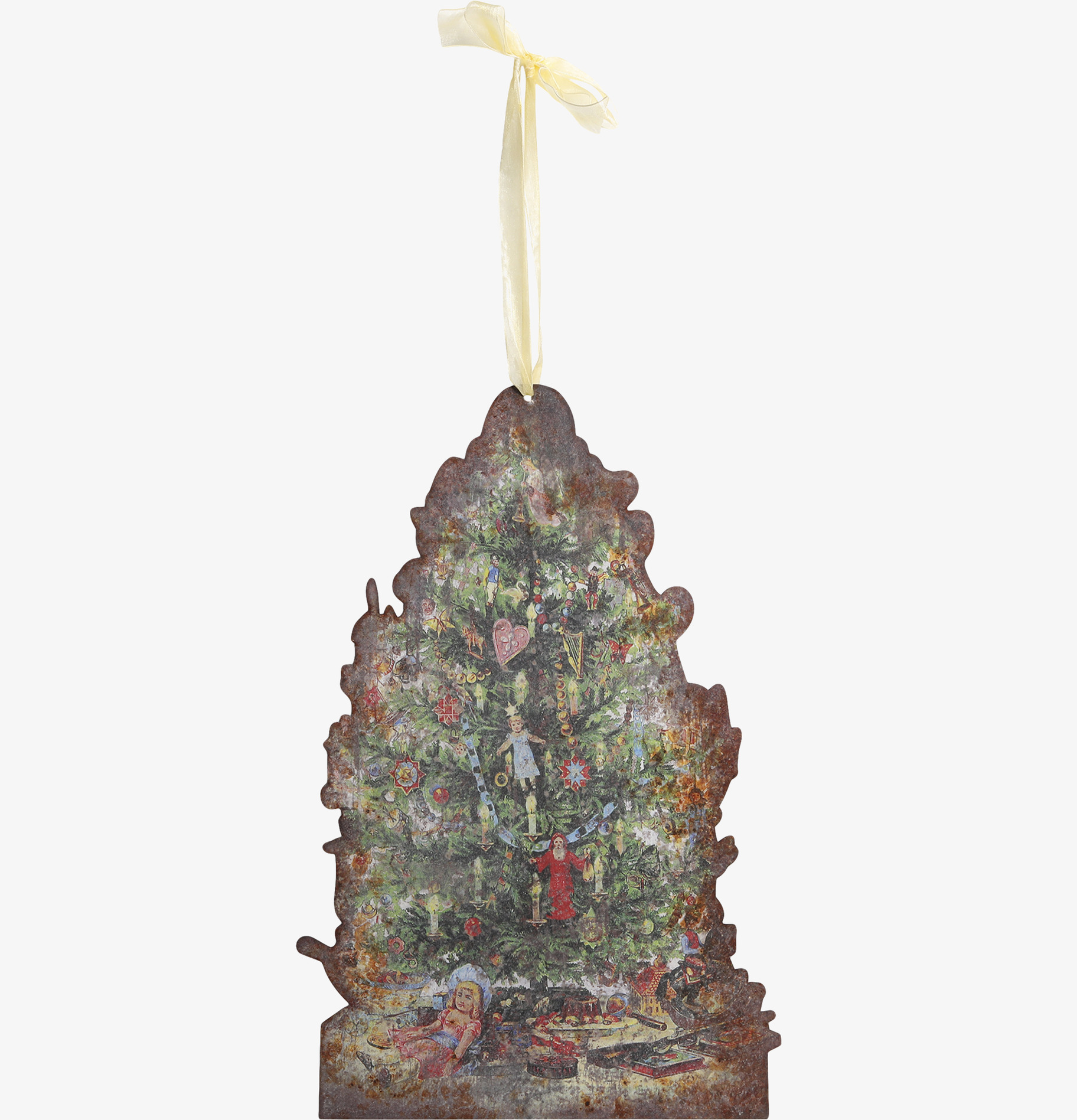 Bild av nostalgisk plåtskylt med julgran och leksaker