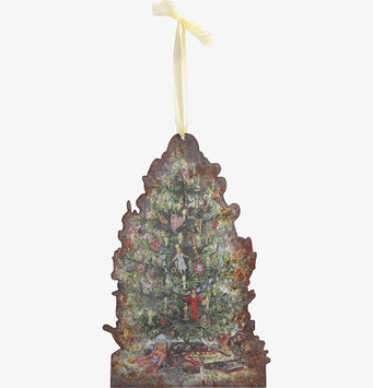 Bild av nostalgisk plåtskylt med julgran och leksaker