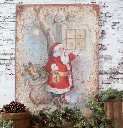 Bild av nostalgisk vintage jultomte på plåtskylt