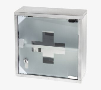 Bild av modernt medicinskåp med frostat glas och lås