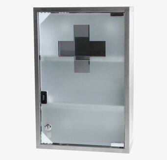 Bild av stilrent medicinskåp i rostfritt stål och glas