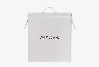 Bild av stilren vit plåtburk för djurmat med handtag