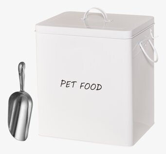 Bild av stilren plåtburk för husdjursmat med skopa