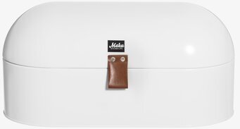 Foto av elegant vit oval brödbox med läderhandtag